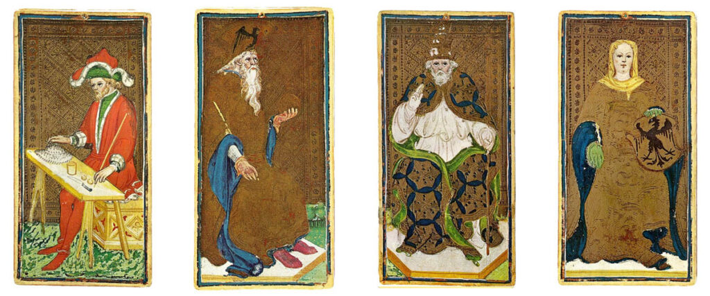 Visconti-Sforza-Decke: den Zauberer, den Kaiser, den Hierophanten und die Kaiserin.