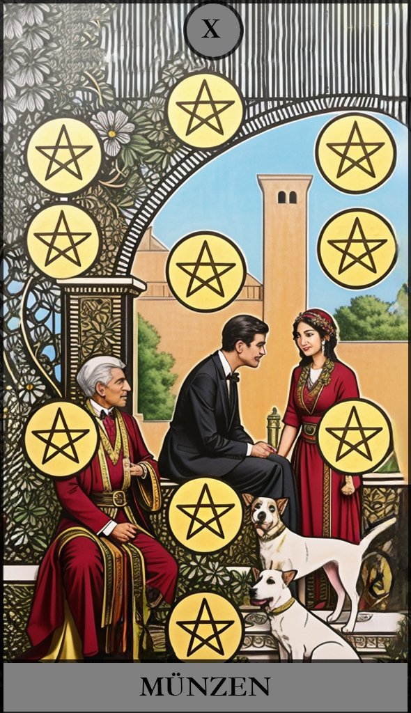 Hauptansicht des 'Zehn der Münzen' Tarot-Karten