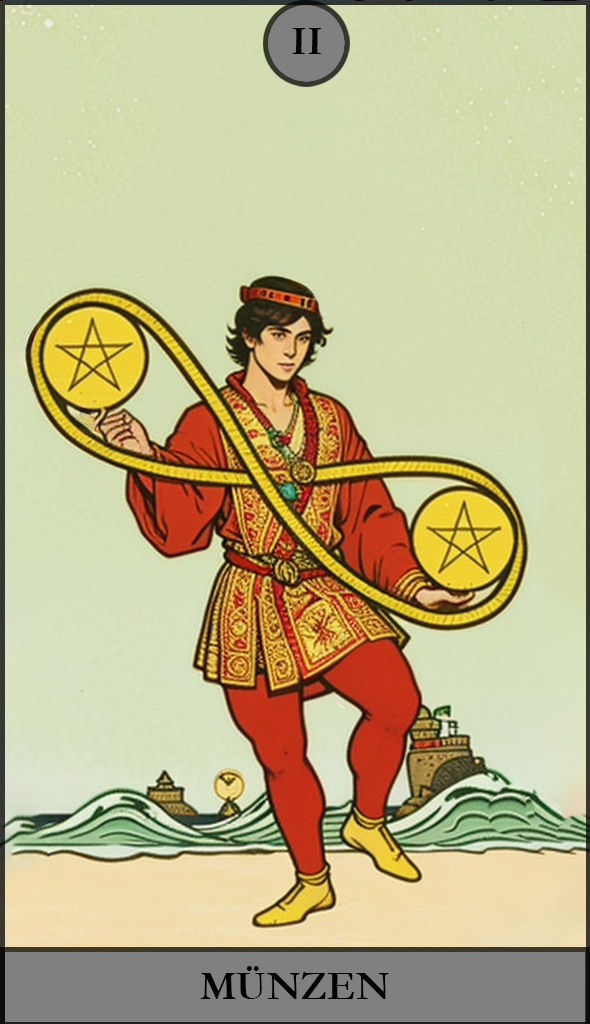 Hauptansicht des 'Zwei der Münzen' Tarot-Karten
