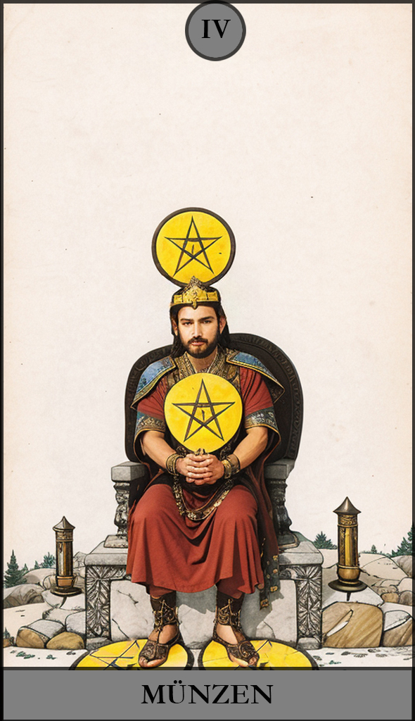 Hauptansicht des 'Vier der Münzen' Tarot-Karten