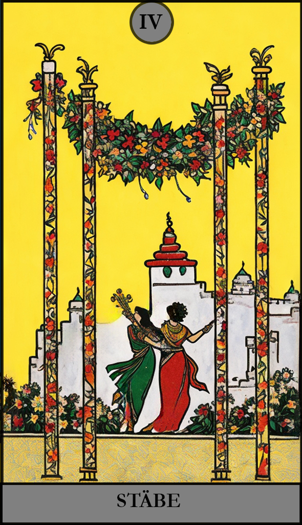 Hauptansicht des 'Vier der Stäbe' Tarot-Karten