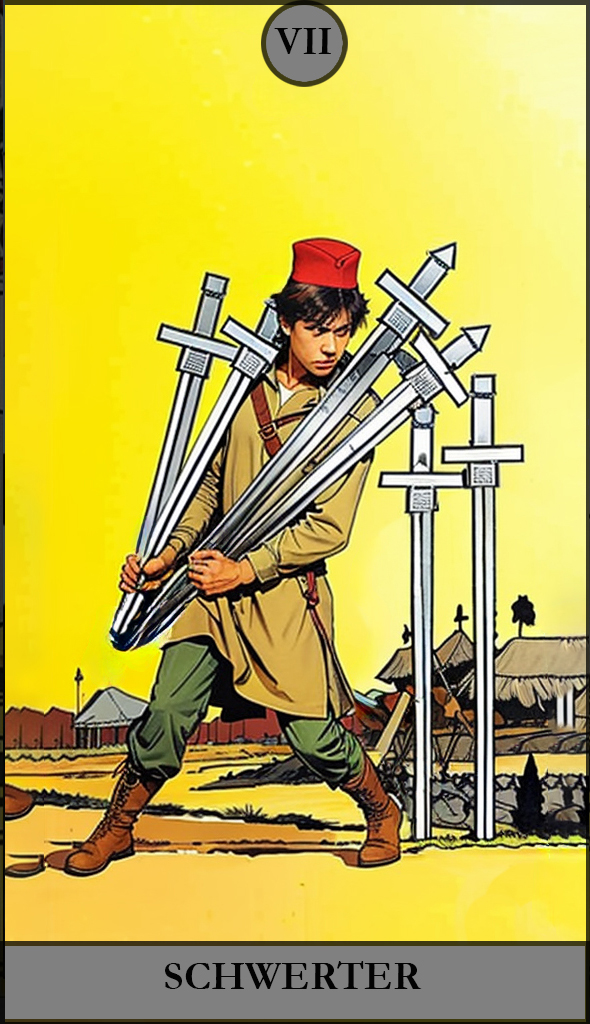 Hauptansicht des 'Sieben der Schwerter' Tarot-Karten