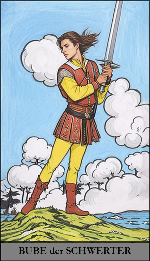 Hauptansicht des 'Bube der Schwerter' Tarot-Karten