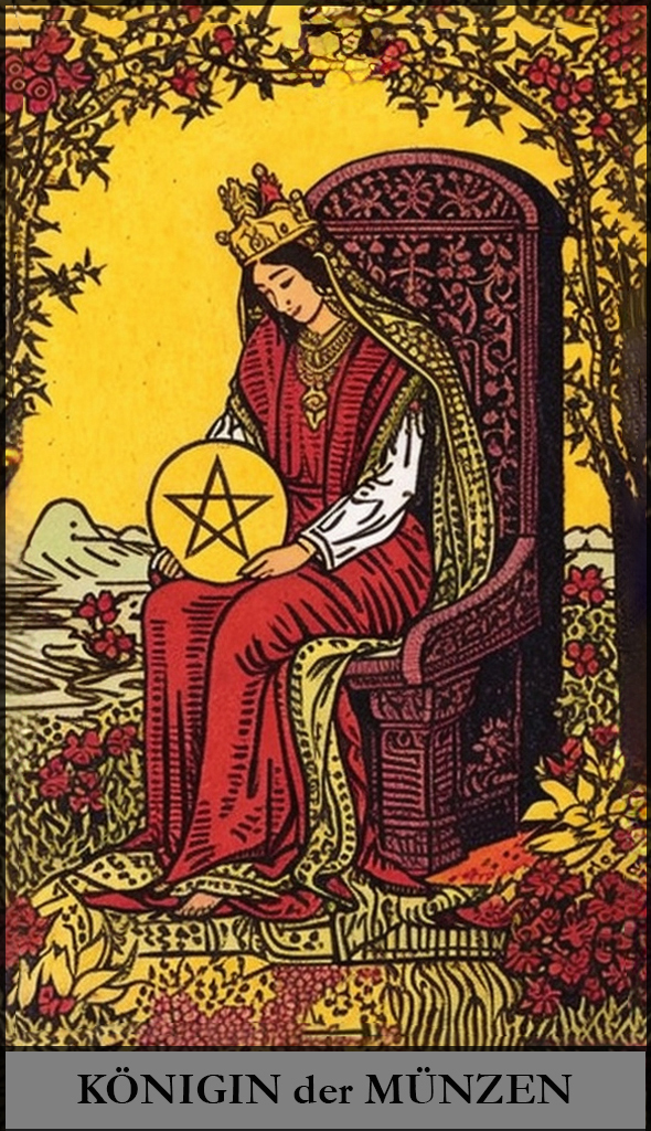 Hauptansicht des 'Königin der Münzen' Tarot-Karten