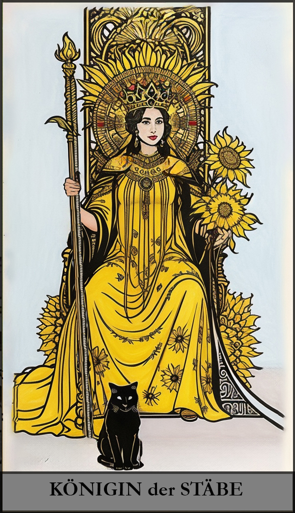Hauptansicht des 'Königin der Stäbe' Tarot-Karten